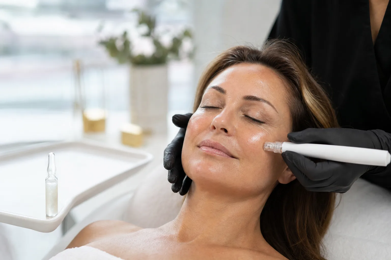 A gloved practitioner running a microneedling pen across a client's cheek after a peel, with a sealed exosome ampoule on the tray