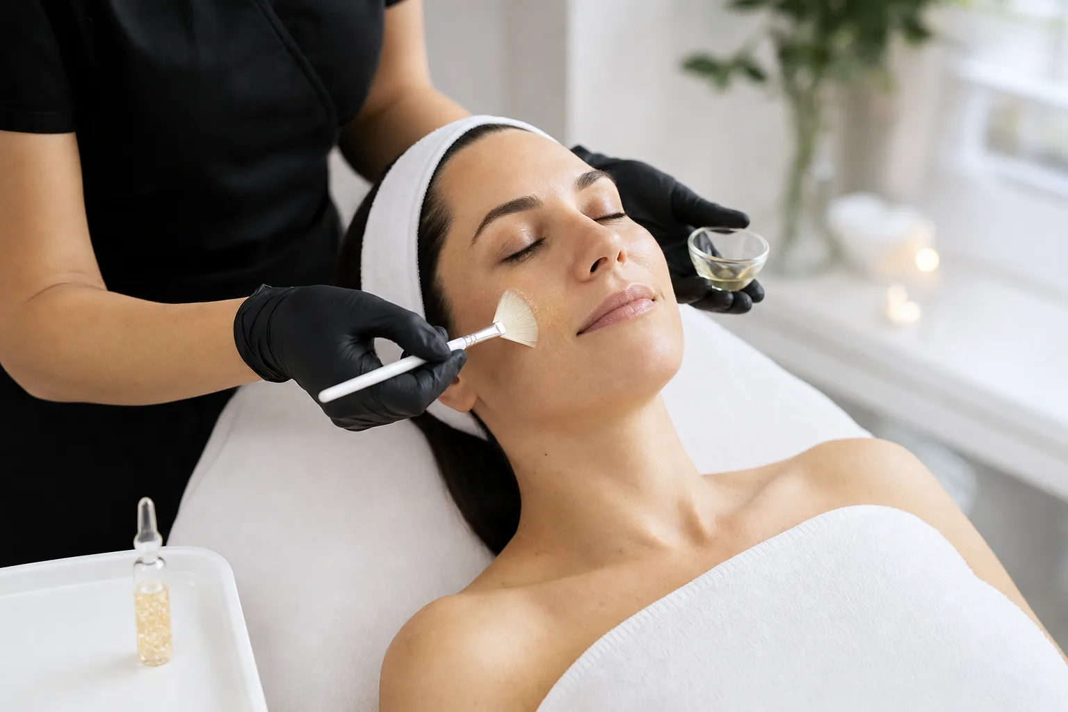 A gloved esthetician applying a bio-booster peel to a reclining client's cheek with a fan brush, a sealed exosome ampoule on the tray beside her
