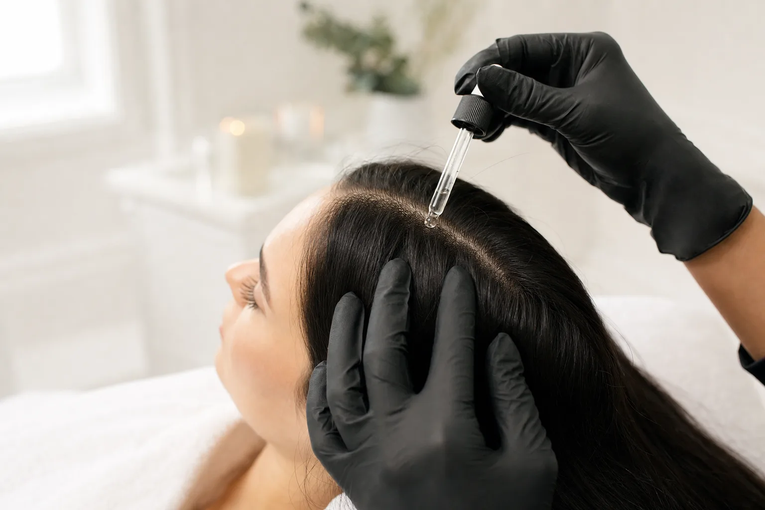 A gloved practitioner dripping Purasomes hair and scalp complex from a glass dropper along a client's part line